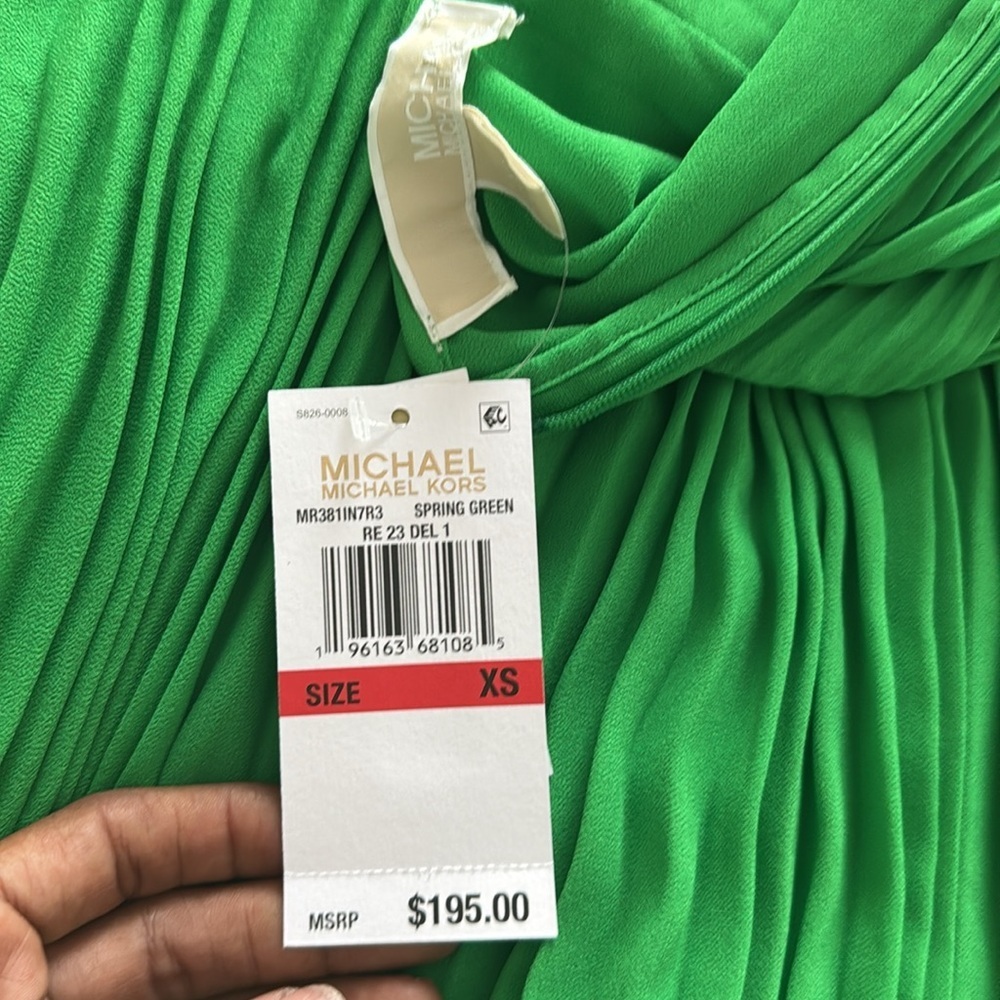 NWT MICHAEL KORS Georgette Pliss Green Pleated mini Dress size XS long sleeves - Picture 5 of 8